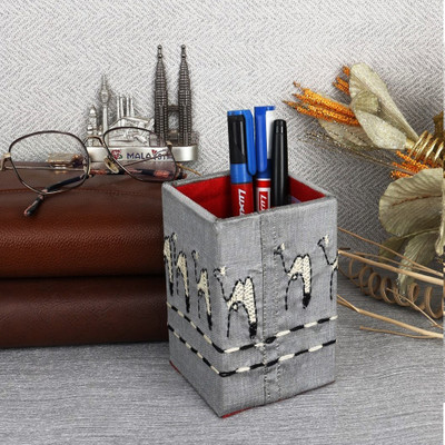 Indha Craft 1 Compartments Handcrafted Camel Embroidery on Dupion Silk, Reprocessed Wood Table Top Pen Stand & Pen Holder(Silver)