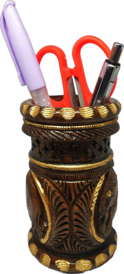 Kachawa genics 1 Compartments Wooden Pen Holder Elephant Design, Carved Wood in Full Antique Finish Pen Stand.(Dark Brown)