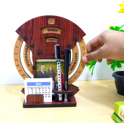 NOGAIYA 2 Compartments wood Round Desk Organizer and Photoframe or Office / Home, Bamboo (red)(Brown)