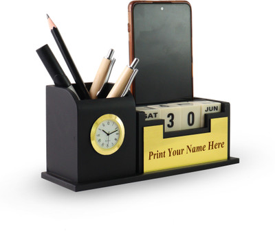 Shivom Crafts 2 Compartments Wooden Wooden Pen Holder With Watch,Pen(Black)