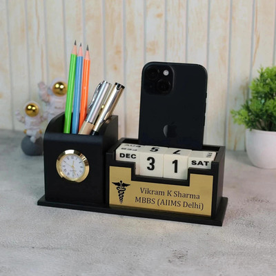UrbanLane 3 Compartments Wooden Pen Stand With Calendar For Doctors(Black)