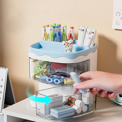 HOUSE OF QUIRK 2 Compartments Plastic Holder Desktop Storage Large Capacity(Blue, White)