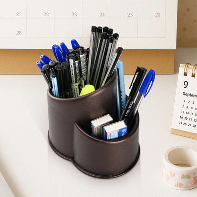 KUBER INDUSTRIES 2 Compartments Plastic Desk Organizers(Black)