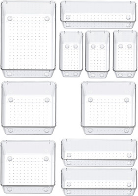 Flexcube 10 Compartments Acrylic Cosmetics Drawer Organizer Storage Bins With Various Size Storage Tray for Makeup, Dresser, Office and Kitchen(Clear)
