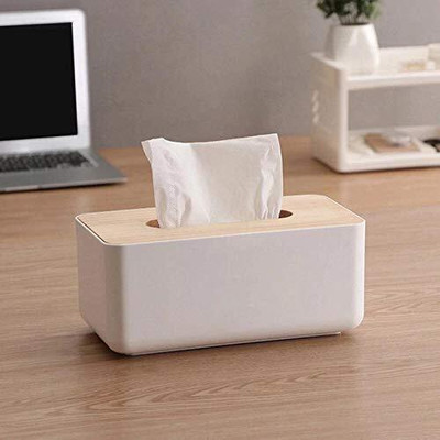 HVG TRADERS 1 Compartments Wooden, Plastic Wooden Tissue Holder Box Tissue Disposable Rectangular Paper Tissue Holder(White)