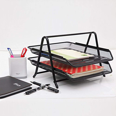 VDNSI 2 Compartments Metal 2 Tier Mesh Metal Desk Organiser File Rack Letter Tray A4 Paper Documents Holder(Black)