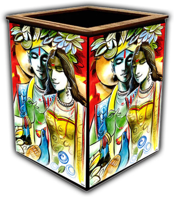 pnf 1 Compartments wooden Colourful Wooden Pen Stand with photo of Radha Krishna -12054(Multicolor)