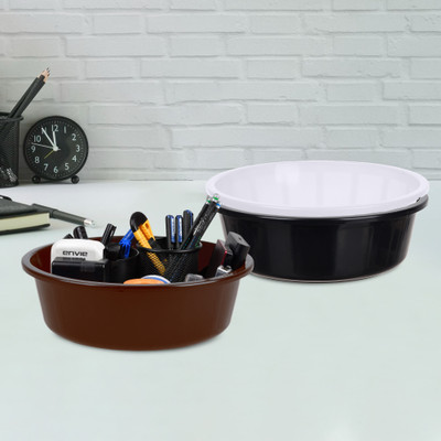 KUBER INDUSTRIES 3 Compartments Plastic Desk Organizer(Black & White & Brown)
