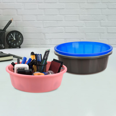 KUBER INDUSTRIES 3 Compartments Plastic Desk Organizer(Gray & Blue & Light Pink)