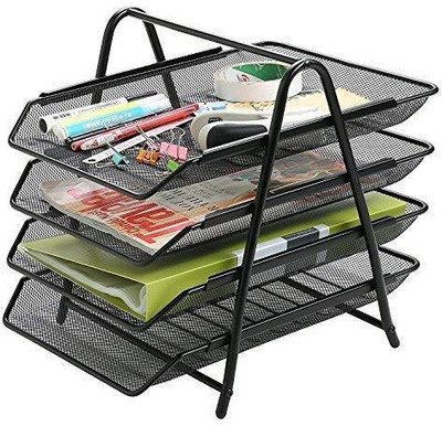 4tens 4 Compartments Metal 4 Tier Metal Mesh File Tray Desk Organizer for Documents/Files/Papers/Letters(Black)