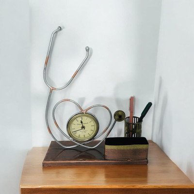 RAJSI CREATION 1 Compartments Metal Stethoscope Round Desk Office Table Clock with Pen Stand & Visiting Card Holder(Multicolor)