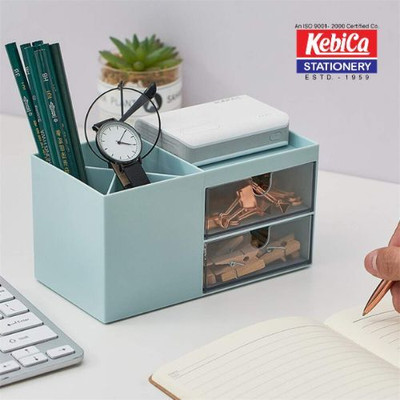 Kebica 5 Compartments Hard Plastic Pen Holder for Desk Multi-Functional Pen Holder, D Organizer with Drawer(Green)