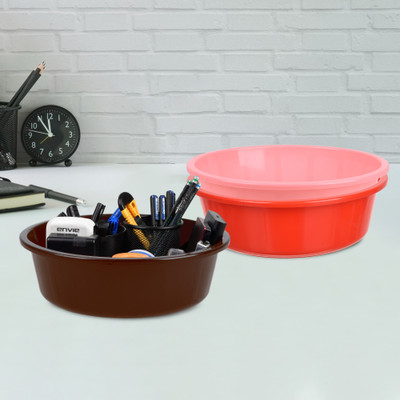 KUBER INDUSTRIES 3 Compartments Plastic Desk Organizer(Red & Light Pink & Brown)