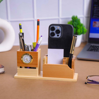Satvat 3 Compartments Pen Holder for Table Stylish | Wooden Pen Stand With Clock, Mobile and Visiting Card Holder for Office Desk and Study Table(Brown)