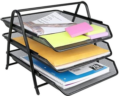 Dajienterprise , Desktop Tray Organizer file organiser, 3 Tier Metal Mesh A4 Files Documents Document Tubes(Black, 3 Tubes)