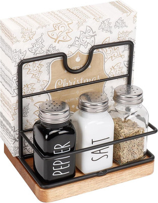 Homely Get Crafty 2 Compartments Metal Napkin Holder with Salt and Pepper Shakers Caddy Modern Napkin Dispenser Home(Black)