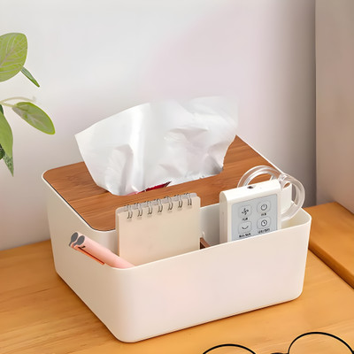 Jinila 3 Compartments Plastic Tissue Paper Holder with Stationery, Remote, Sunglasses Storage Box(White)