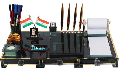 Ganesh 12 Compartments Acrylic Pen holder, Pen stand for office table Big Size pen Stand WITH CALCULATOR(Smoke Black)