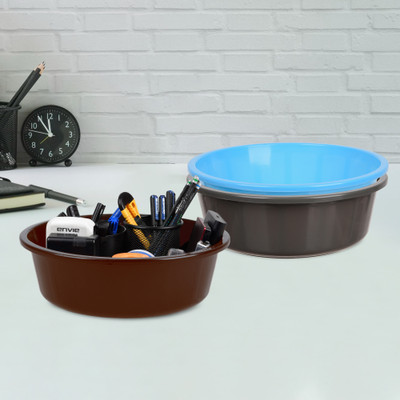 KUBER INDUSTRIES 3 Compartments Plastic Desk Organizer(Gray & Sky Blue & Brown)