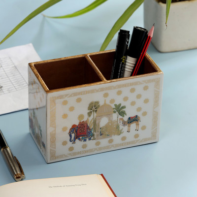 DULI 2 Compartments Pen Stand, Pencil Holder for Table Desk Décor Pen Stand(White)