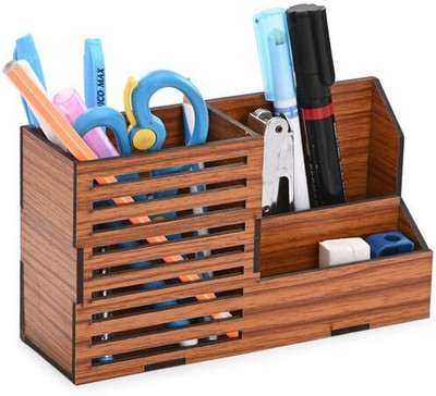 Somil 3 Compartments Wood Wooden Pen / Pencil Stand With Visiting Card & Mobile Holder For Desk Organizers(Brown)