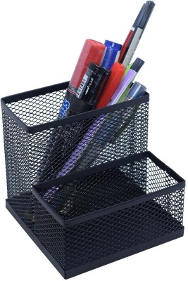 BOSOBO 2 Compartments Metal Mesh Desk Organizer Stationery Pen Stand, Pencil Holder | 2 in 1 Metal Mesh Pen Stand for Office, Home and Study Table(Black)