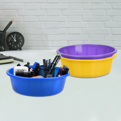 KUBER INDUSTRIES 3 Compartments Plastic Desk Organizer(Yellow & Purple & Blue)