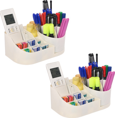 KUBER INDUSTRIES 2 Compartments Plastic Desk Organizer(White)
