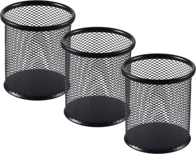 Goodwill Tech 3 Compartments Metal Pen Pencil Holder Set of 3 – Round Black Mesh Metal Organizer for Desk(Black)