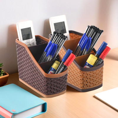 KUBER INDUSTRIES 6 Compartments Plastic Stationery Organizer(Brown)