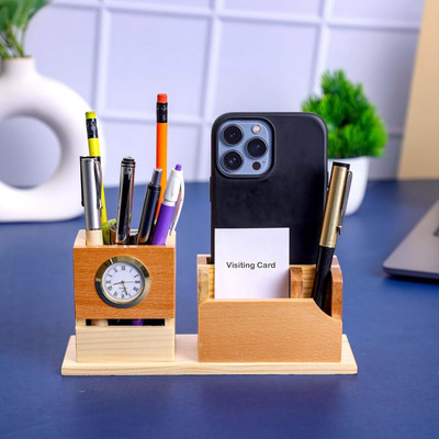 GENIYO 4 Compartments Wooden Pen Holder with Clock, Business Visiting Card & Mobile Stand | Multipurpose Wooden Desk Organizer Pen & Pencil With Clock For Office table(Beige)