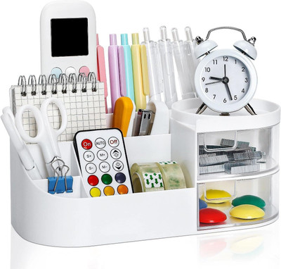RABBONIX 8 Compartments Plastic Multipurpose Desk Organiser For Pen, Mobile, Sticky Note, Business Card, Remote(White)