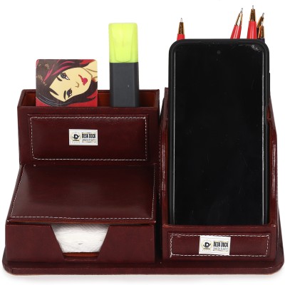 DeskDock 4 Compartments Genuine Leather Pen Stand Desk With Memo Pad Holder & Mobile Stand For Office Desk Table(Brown)