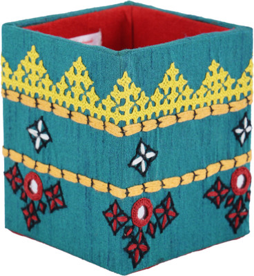 Indha Craft 1 Compartments Handcrafted Sindhi Design Hand Embroidered Dupion Silk, Reprocessed Wood Pen Stand(Multicolor)