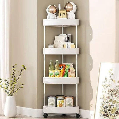 AKTOM 4 Compartments Plastic 4-Tier Rolling Cart,Easy Assemble Mobile Storage Basket Trolley(White)