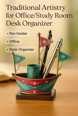 MAA BHAWANI HANDICRAFTS 1 Compartments Metal Handcrafted Mini Boat Shape Pen Stand/ Stationary Holder(Blue & Red Pen Holder)
