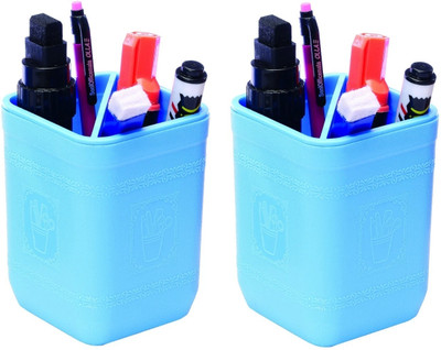 Soni Officemate 2 Compartments Plastic 2 Compartments Pen Stand | Office Stationery | Pen Holder -(Pack of-2)(Blue)