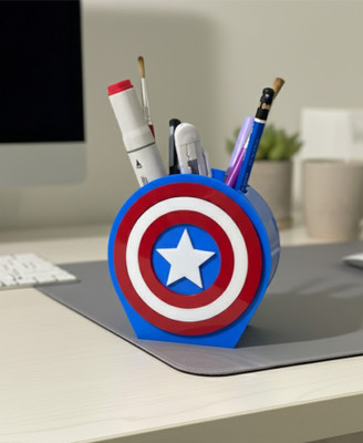 BYSUN 1 Compartments Acrylic Premium Marvel Captain America Pen Holder for Office/Study Table(Blue)