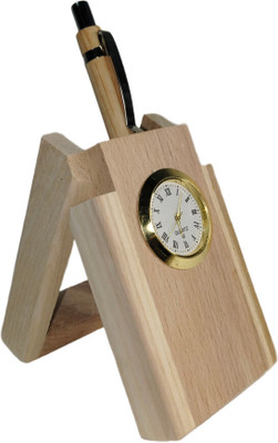 ALEX CLASSIC GIFTS 1 Compartments Wood Wooden Pen Stand With Clock(Wood Color)