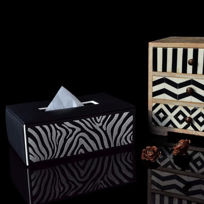 ADMIRE HOME 1 Compartments Faux Leather Embroidered Zebra Tissue Box/Rectangular Napkin Holder/ Laser Cut(Black & White)