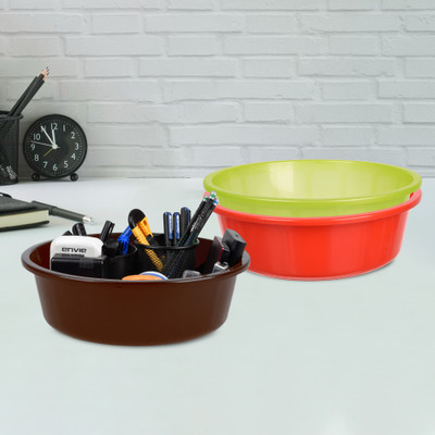 KUBER INDUSTRIES 3 Compartments Plastic Desk Organizer(Red & Green & Brown)