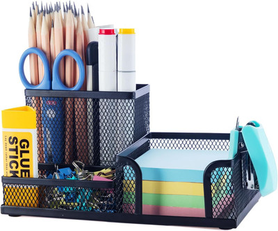 SkyFurnish 3 Compartments Metal Mesh Desk Organizer Stationary item Sticky Notes, Ruler, Cards for Office, School(Black)