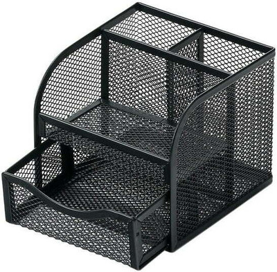 BOSOBO 4 Compartments Metal Mesh Desk Organizer Stationery Pen Stand, Pencil Holder | 4 in 1 Drawer Metal Mesh Pen Stand for Office, Home and Study Table(Black)