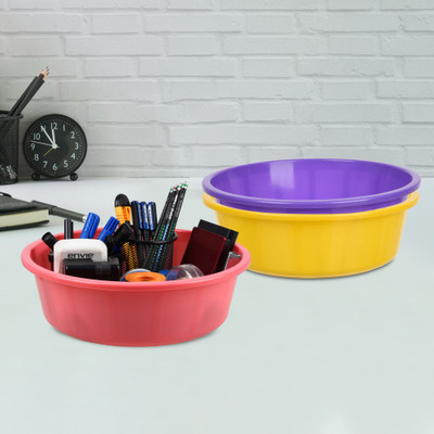 KUBER INDUSTRIES 3 Compartments Plastic Desk Organizer(Yellow & Purple & Pink)