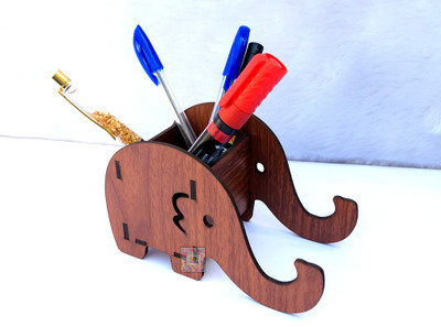 Craft Village 1 Compartments Wooden Elephant Pen Holder(Wooden Brown)