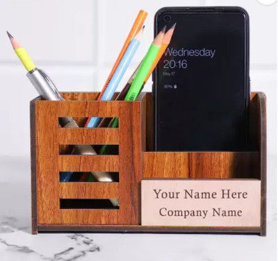 UrbanLane 2 Compartments Wooden Coustomizable pen stand with mobile holder(Brown)