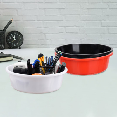 KUBER INDUSTRIES 3 Compartments Plastic Desk Organizer(Red & Black & White)