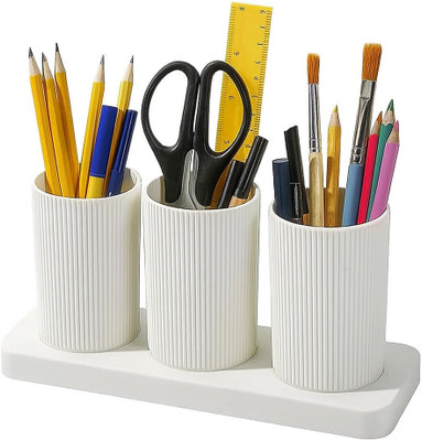 FIT 4 CHEF 3 Compartments Plastic Pen Stand(White)