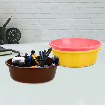 KUBER INDUSTRIES 3 Compartments Plastic Desk Organizer(Yellow & Pink & Brown)