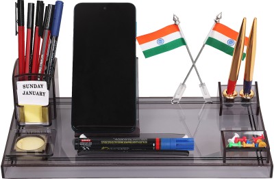 Ganesh 7 Compartments Acrylic Pen Holder MOBILE STAND, Pen Stand with Flag for Office Table Premium(12x6inchs)(Smoke Black)